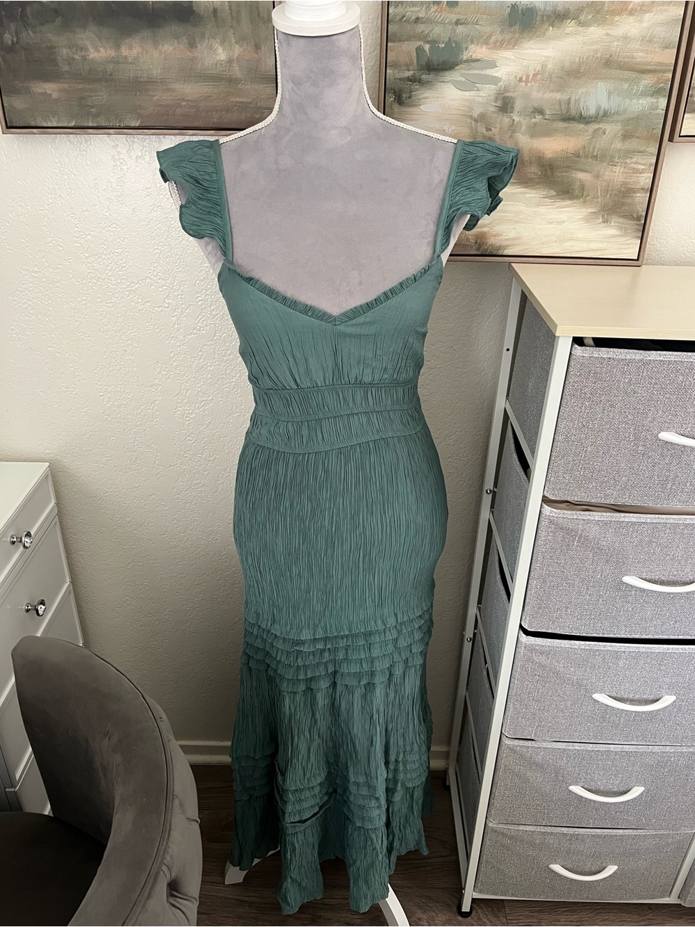 Sage Green Ruffle-Sleeve Maxi Dress